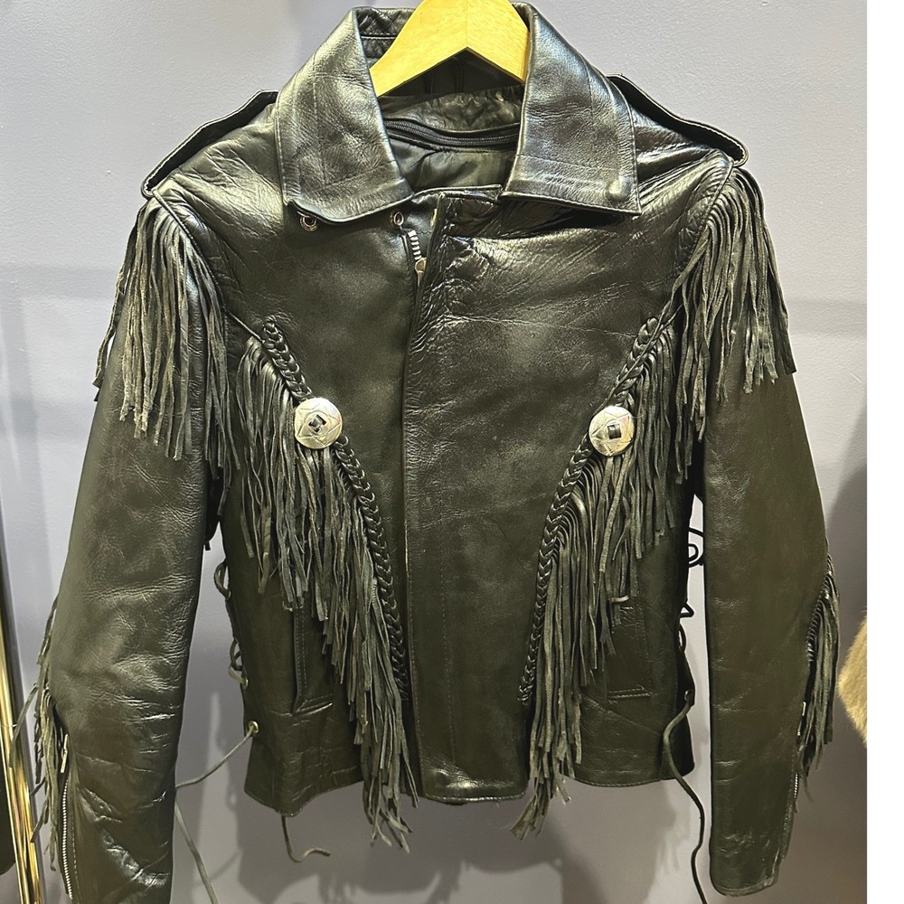 Bikers Leather Stuff Black Fringe Western Motorcycle Concho Jacket Men Size 36 M
